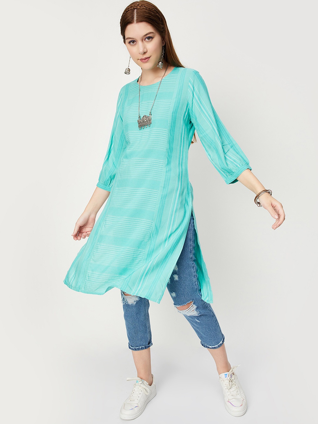 

max Puff Sleeves Striped Cotton Kurta, Blue