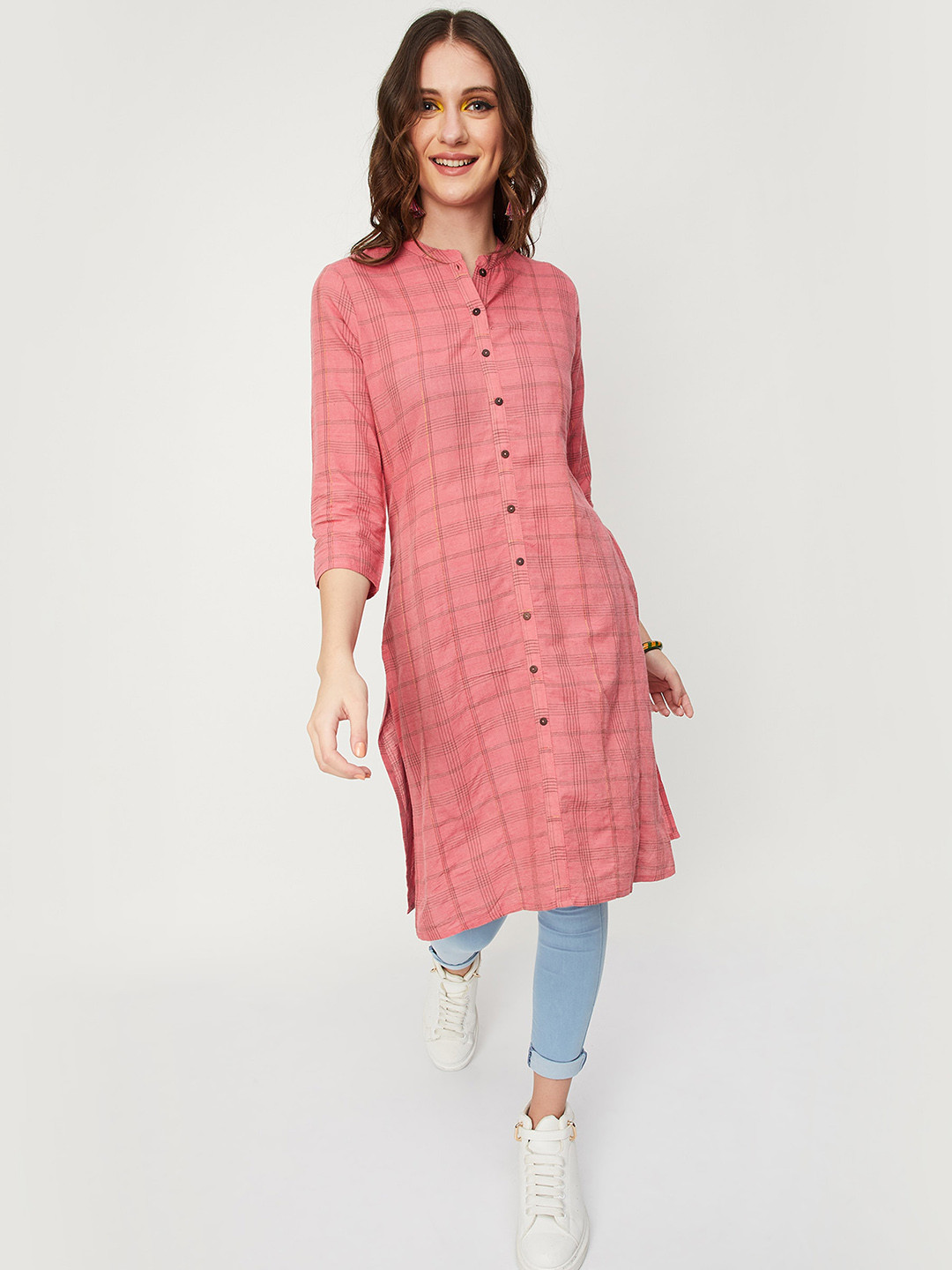 

max Mandarin Collar Checked Kurta, Coral