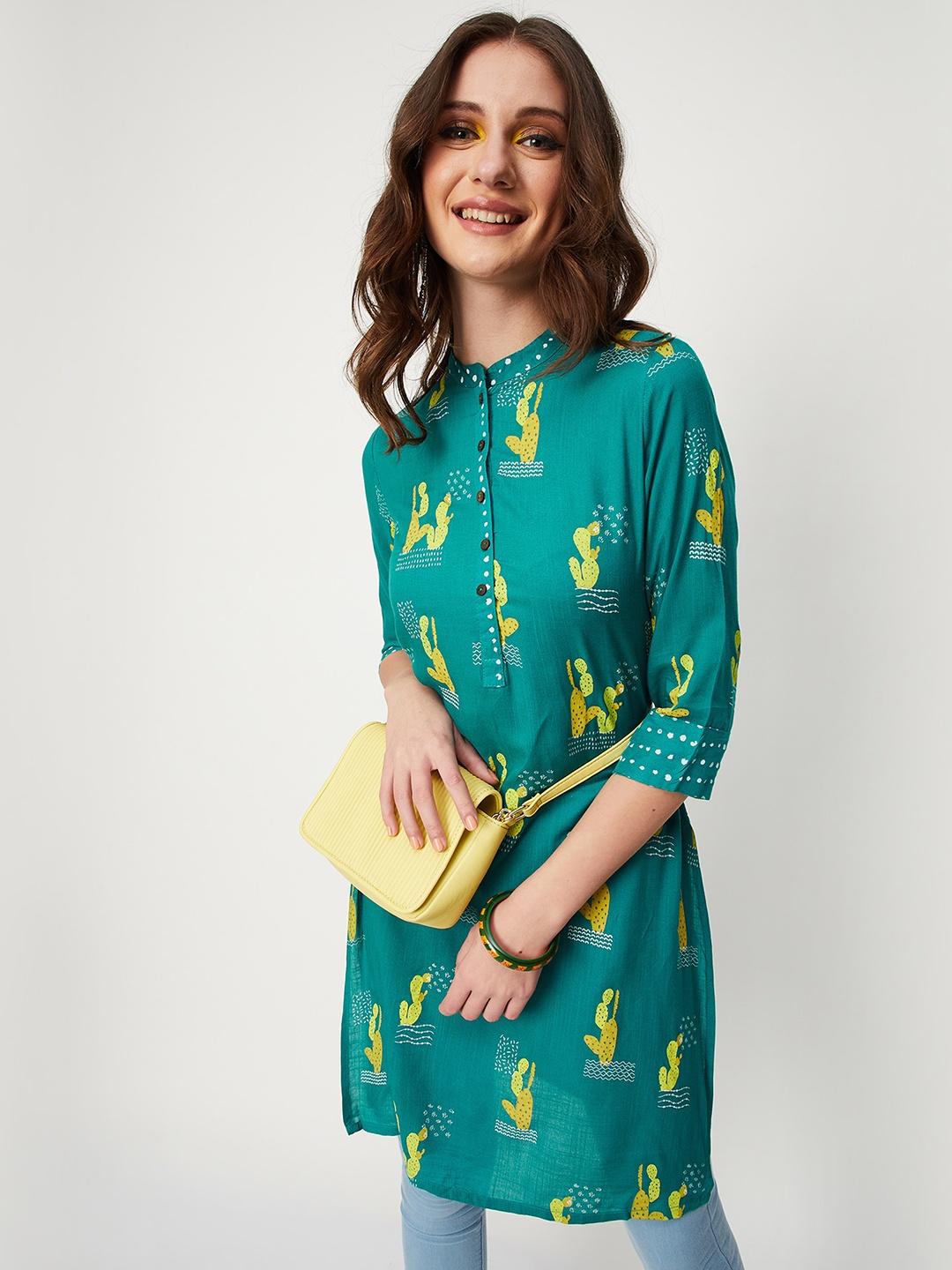 

max Band Collar Abstract Printed Kurta, Teal