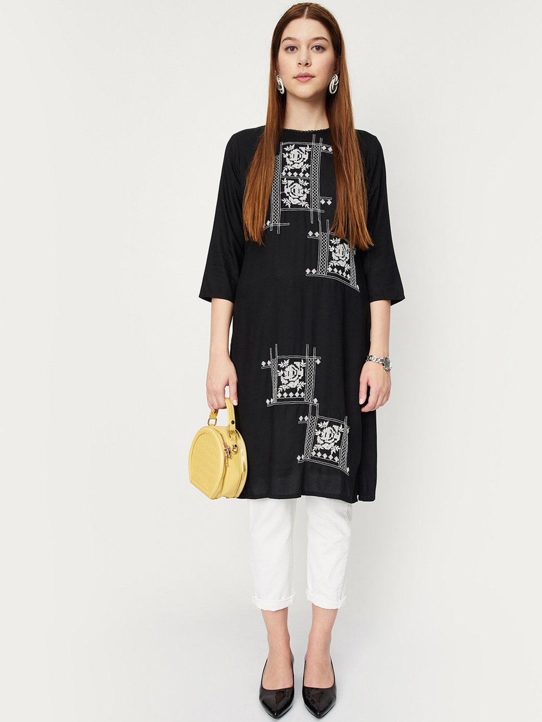 

max Floral Embroidered Thread Work Kurta, Black