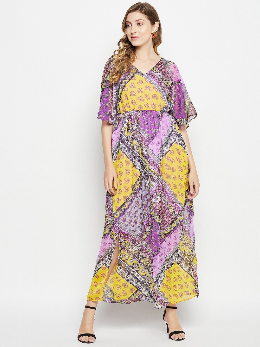 

Ruhaans Ethnic Motifs Printed Flared Sleeves Chiffon Maxi Dress, Purple