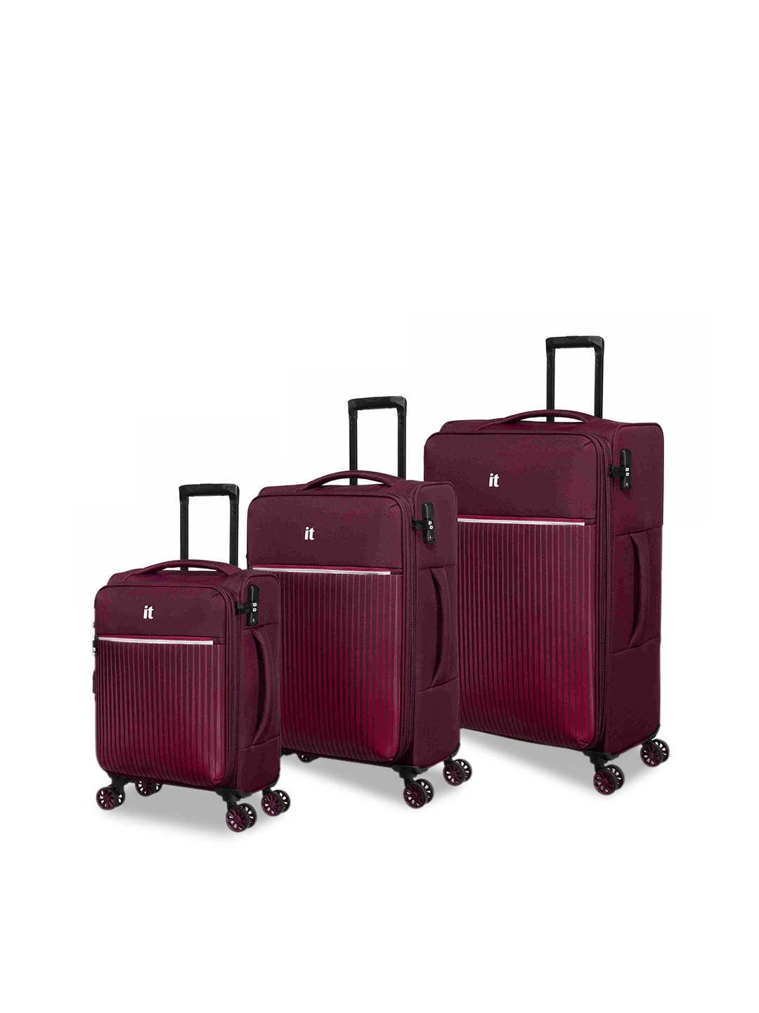 

IT luggage Set Of 3 Striped Soft-Sided Cabin, Medium & Large Trolley Suitcases, Maroon