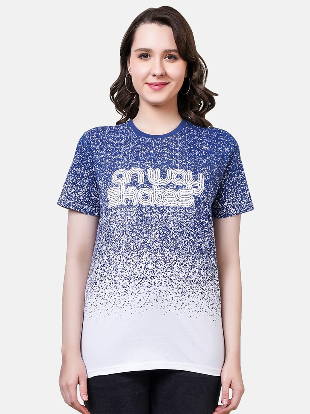 

NUEVOSDAMAS Typography Printed Cotton T-shirt, Navy blue