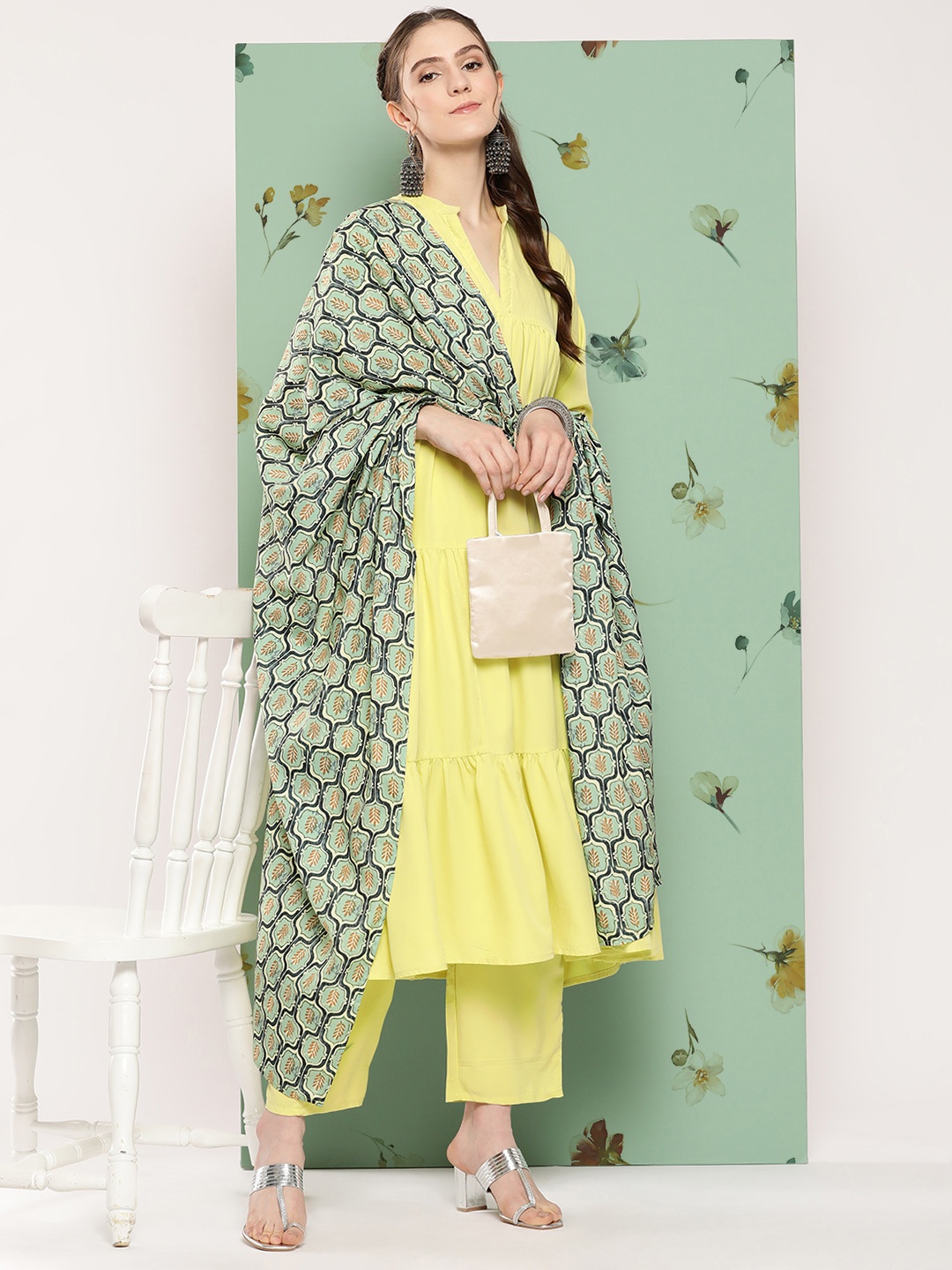 

InWeave Panelled Kurta with Palazzos & With Dupatta, Lime green