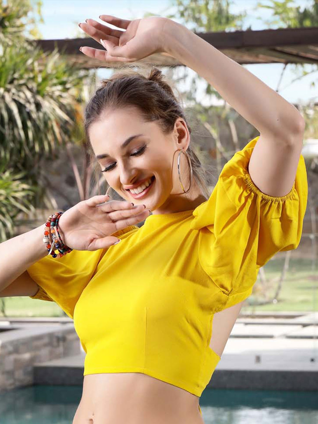 

Sera Puff Sleeves Styled Back Crop Top, Yellow