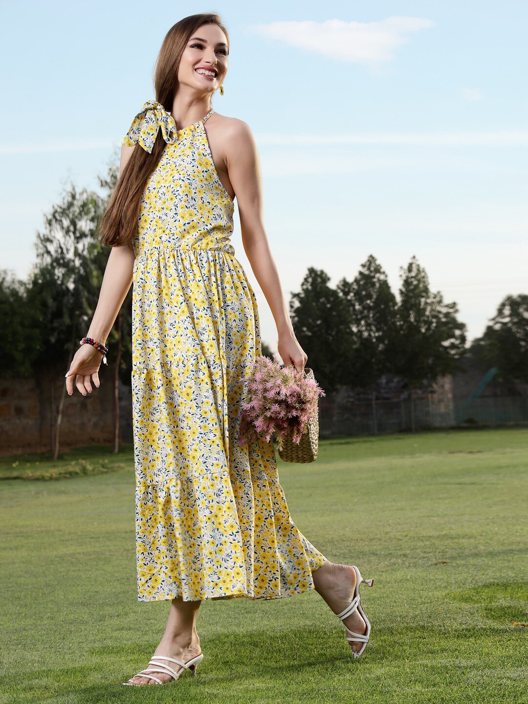 

Sera Halter Neck Floral Printed Maxi Dress, Yellow