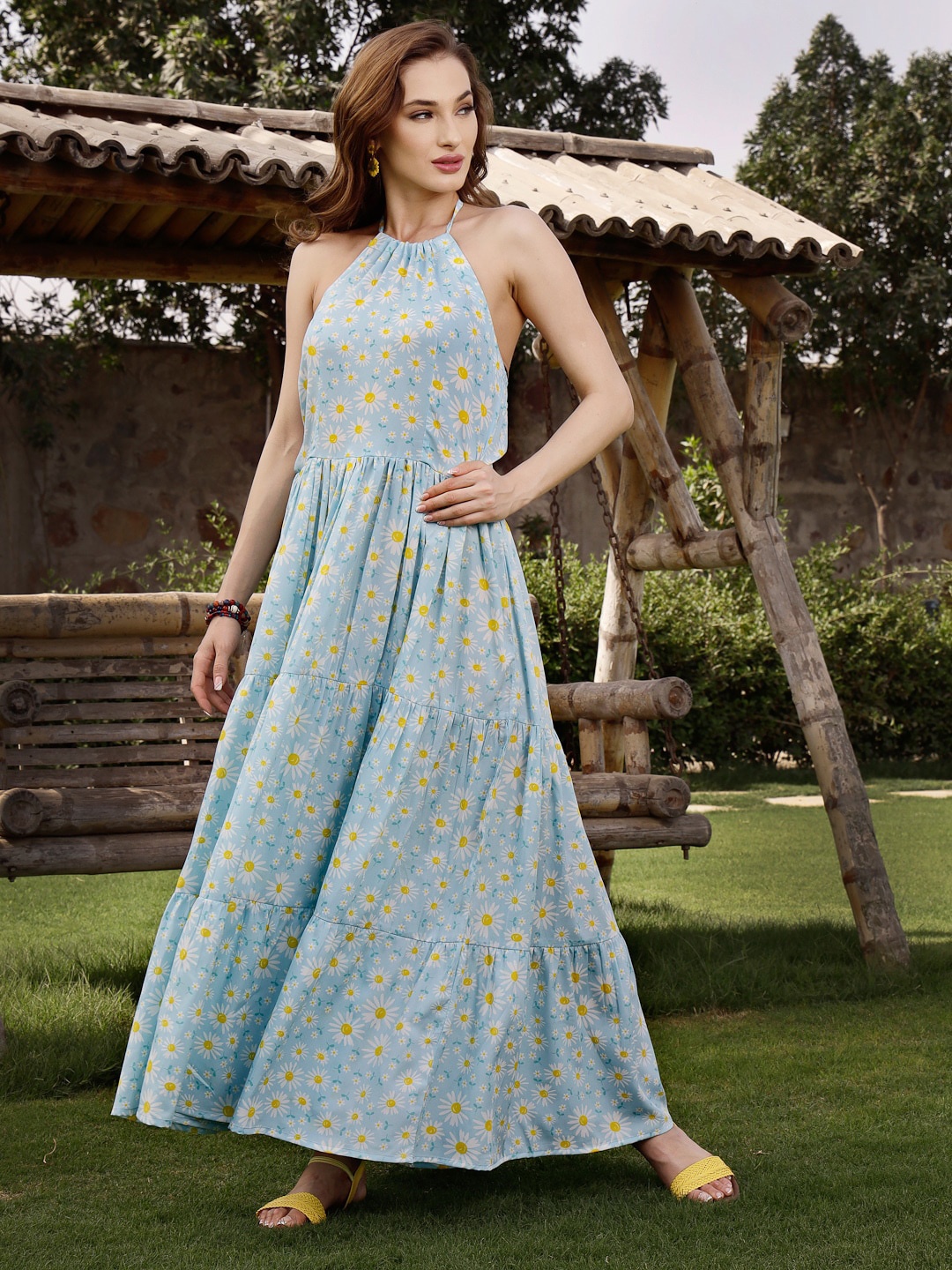 

Sera Floral Halter Neck A-Line Maxi Dress, Blue