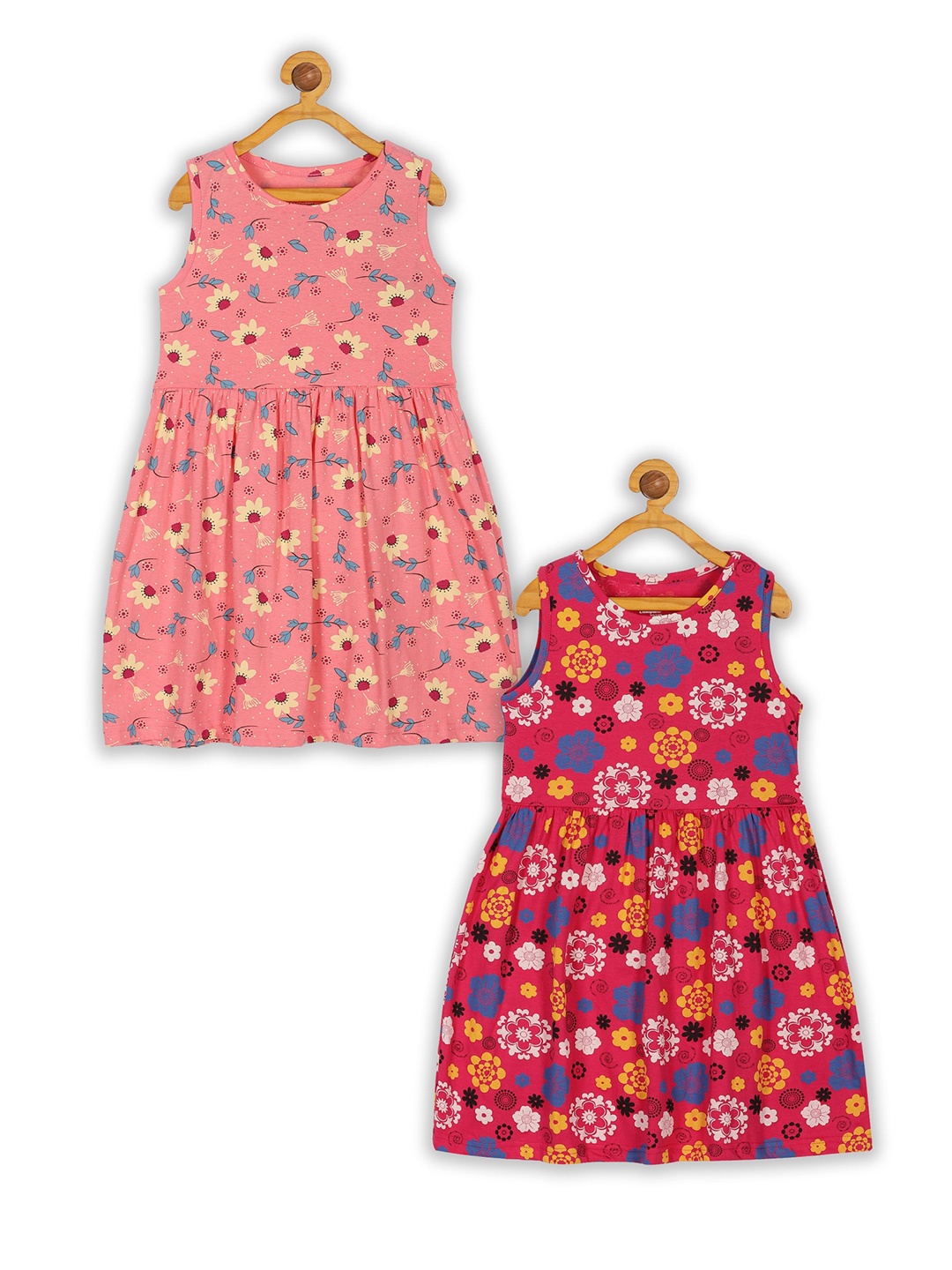 

KiddoPanti Girls Pack of 2 Floral Printed Sleeveless A-Line Pure Cotton Dress, Peach