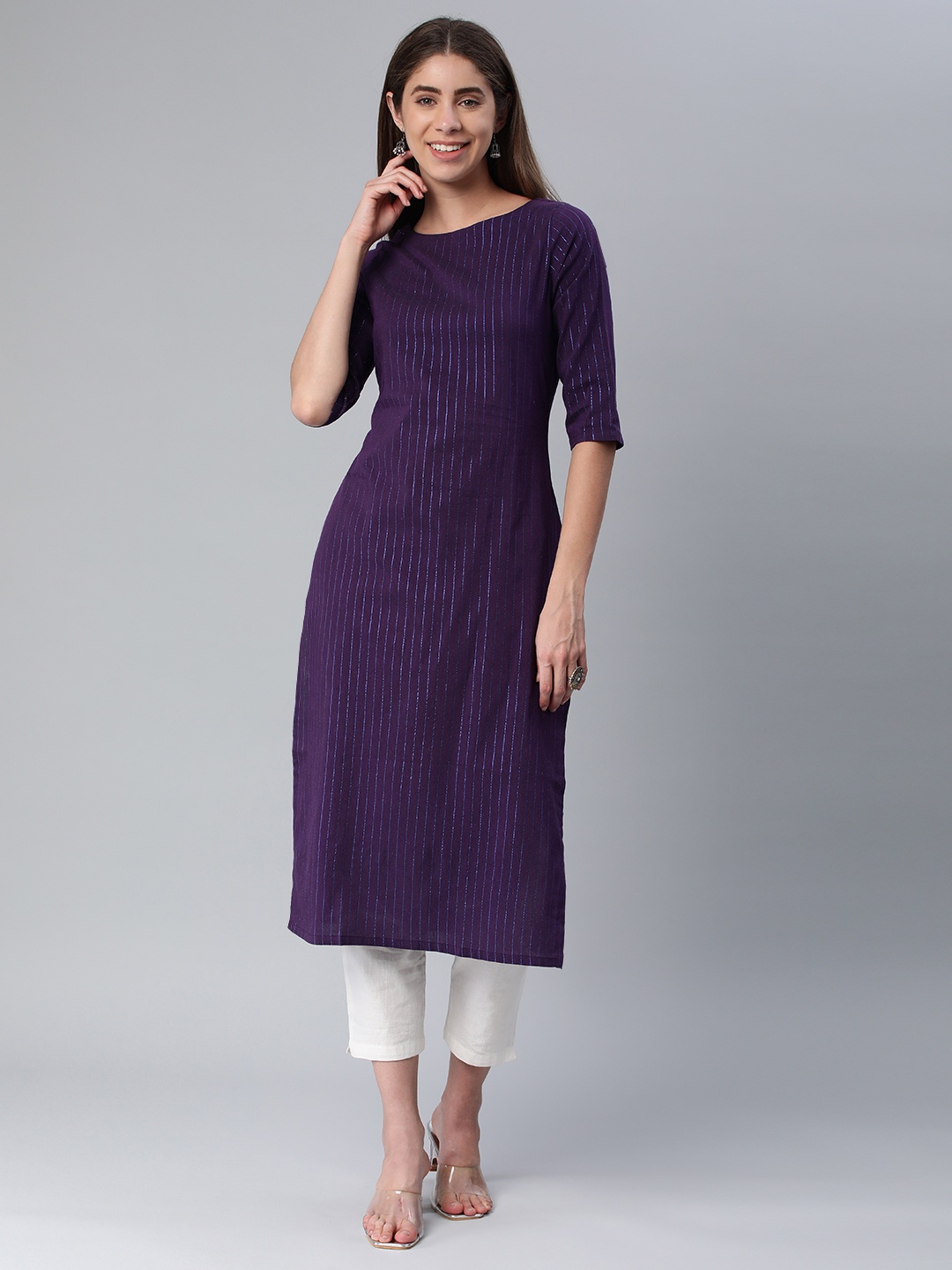 

KALINI Women Striped Boat Neck Straight Kurta, Violet