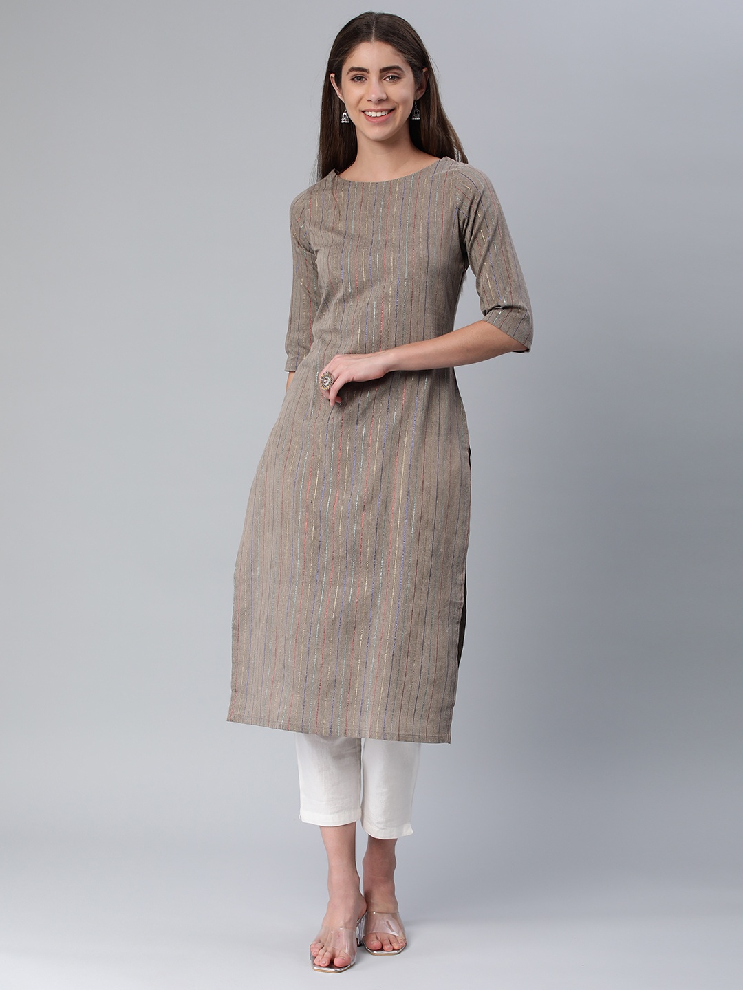 

KALINI Women Striped Boat Neck Straight Kurta, Grey