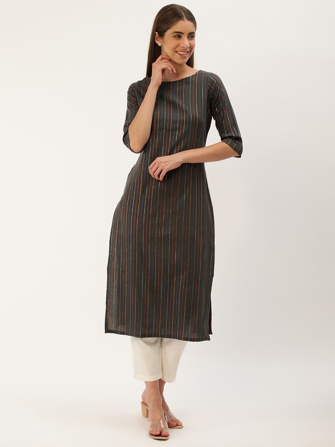 

Saanjh Women Striped Boat Neck Straight Kurta, Black