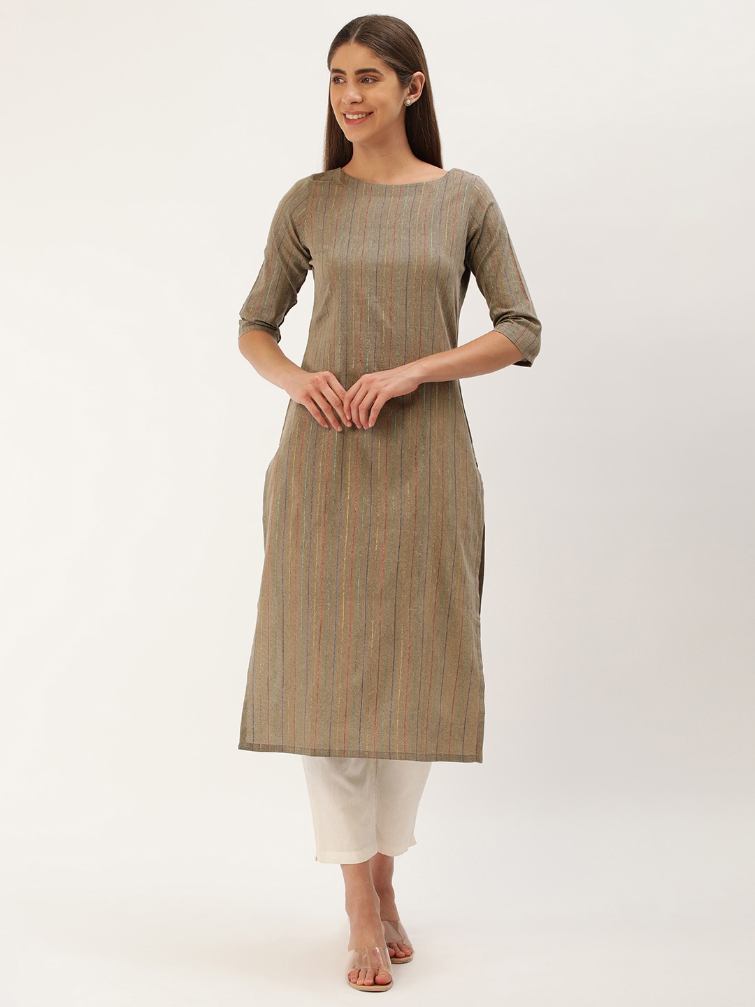 

Saanjh Women Striped Boat Neck Straight Kurta, Grey