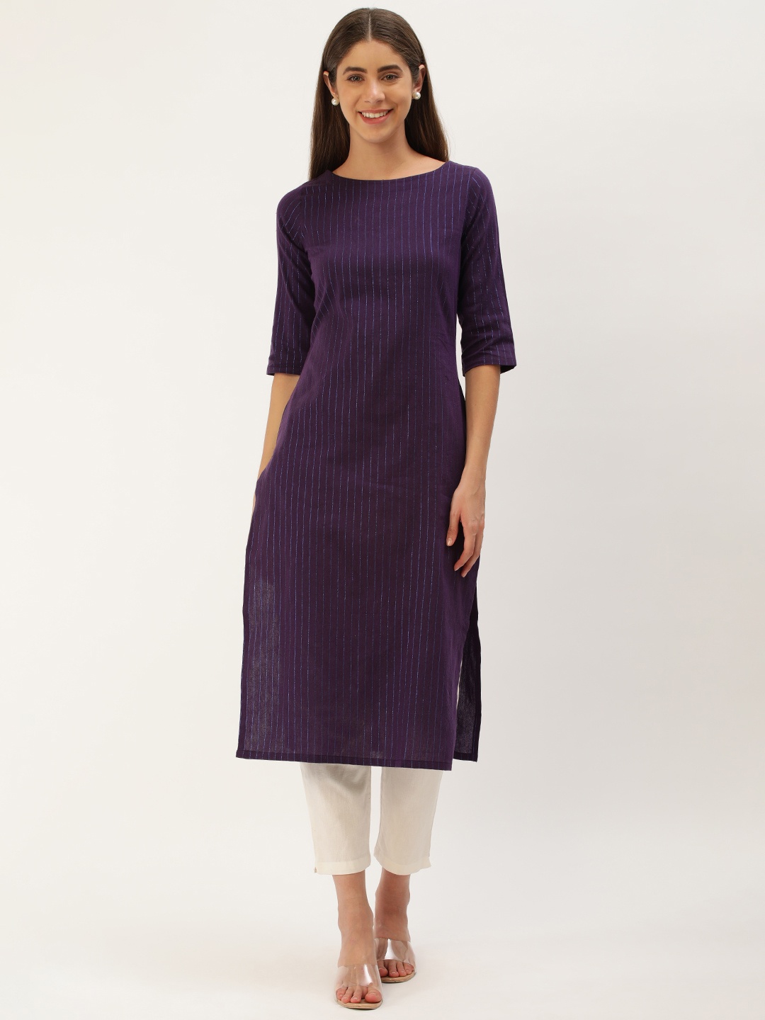 

Saanjh Women Striped Boat Neck Straight Kurta, Violet