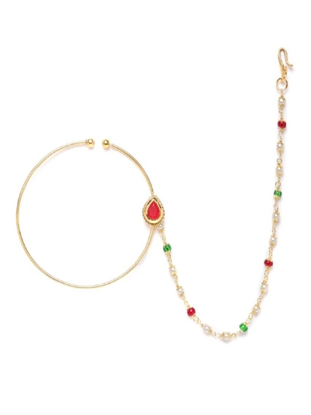 

Runjhun Gold-Plated Kundan Stone-Studded Pearl Beaded Nose-ring With Chain, Green
