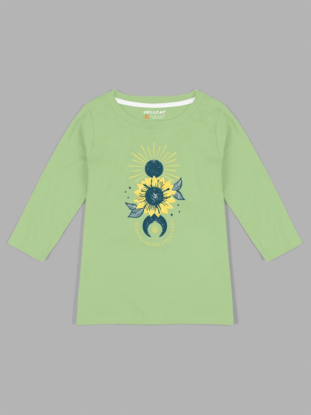 

HELLCAT Girls Floral Printed Three-Quarter Sleeves Cotton T-shirt, Sea green