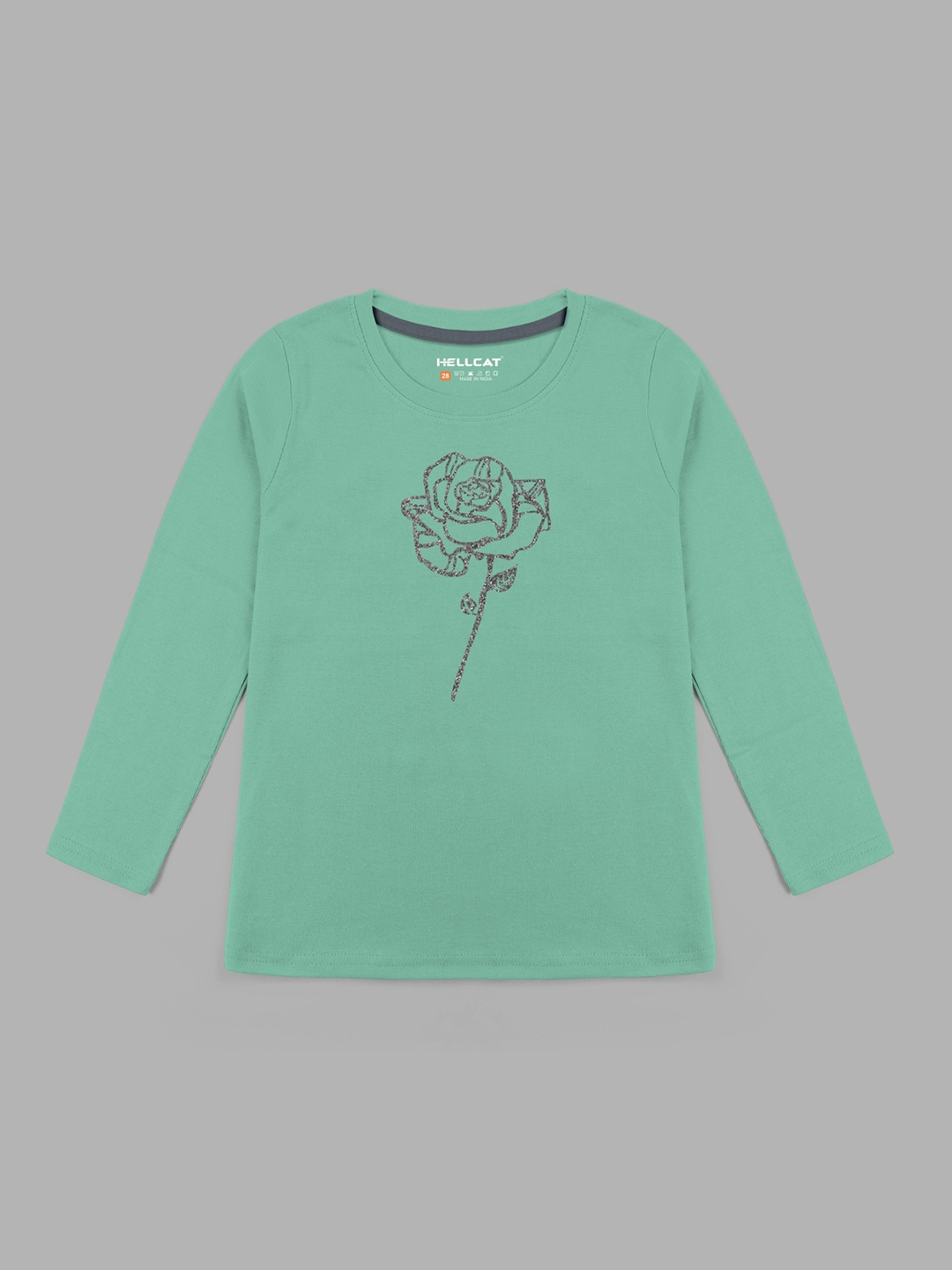 

HELLCAT Girls Floral Printed Embellished Cotton T-shirt, Sea green
