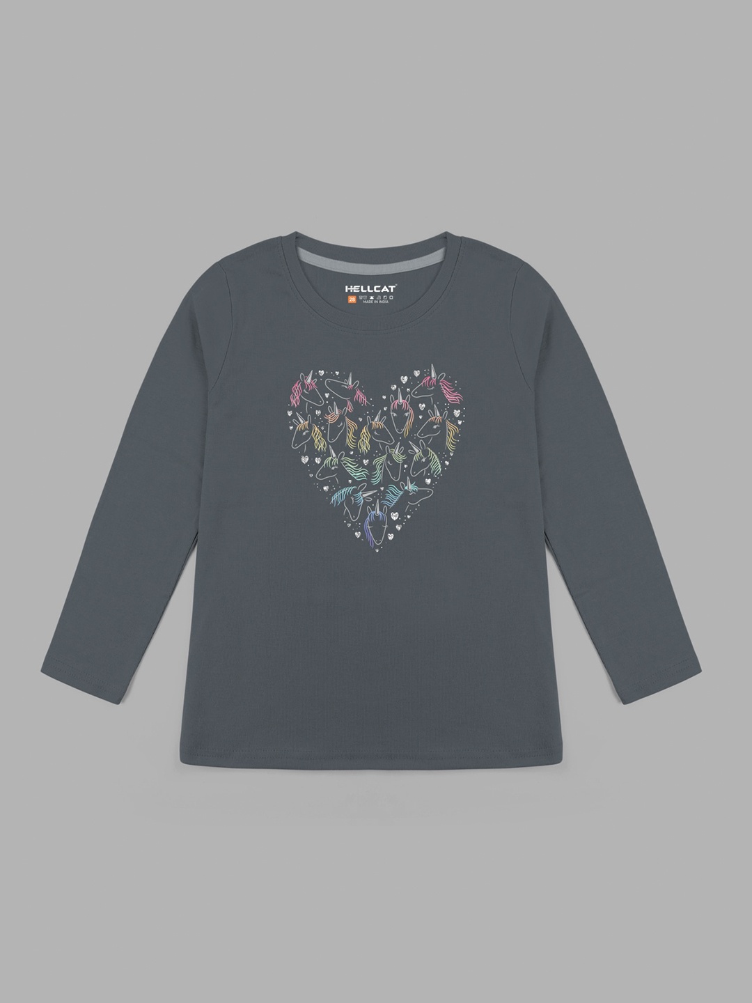 

HELLCAT Girls Graphic Printed Long Sleeve Cotton T-shirt, Grey