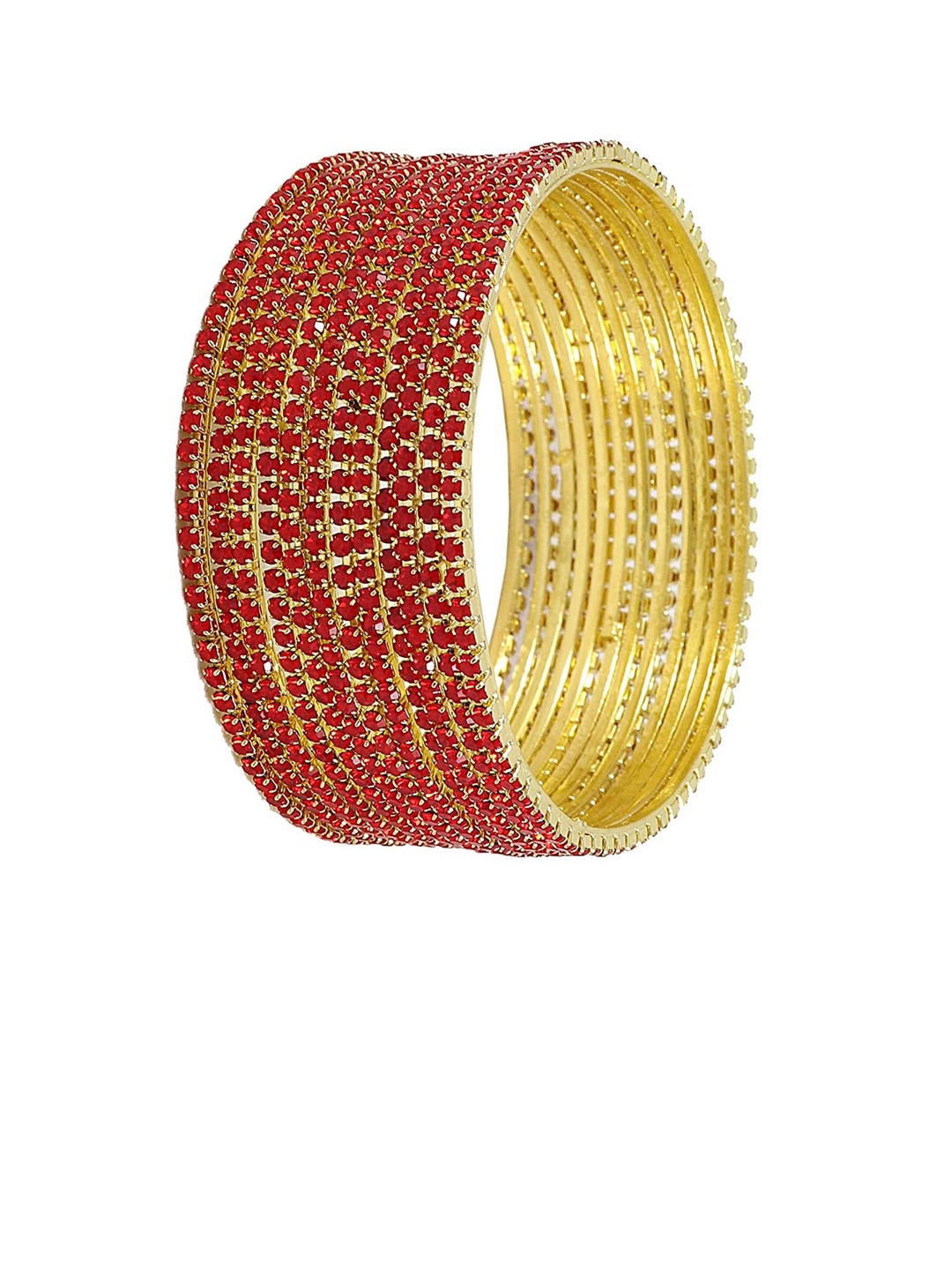 

NMII Set of 12 Zircon Studded worked Glossy Finished Metal Bangles, Red