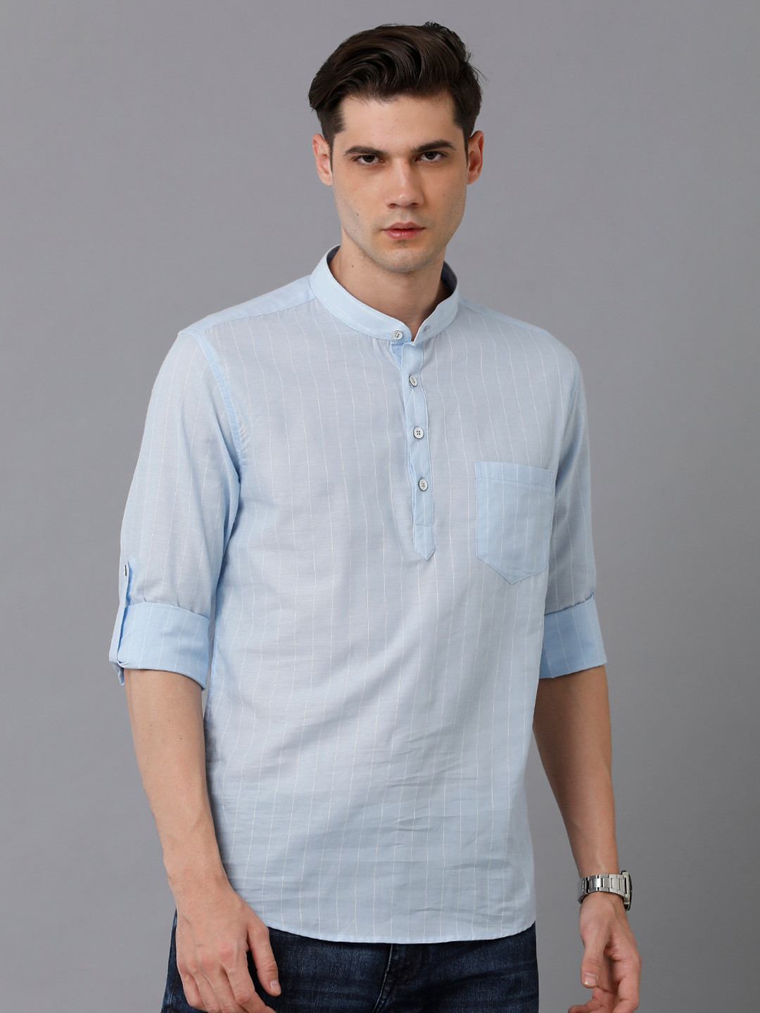 

YOVISH Striped Mandarin Collar Roll-up Sleeves Cotton Kurta, Blue