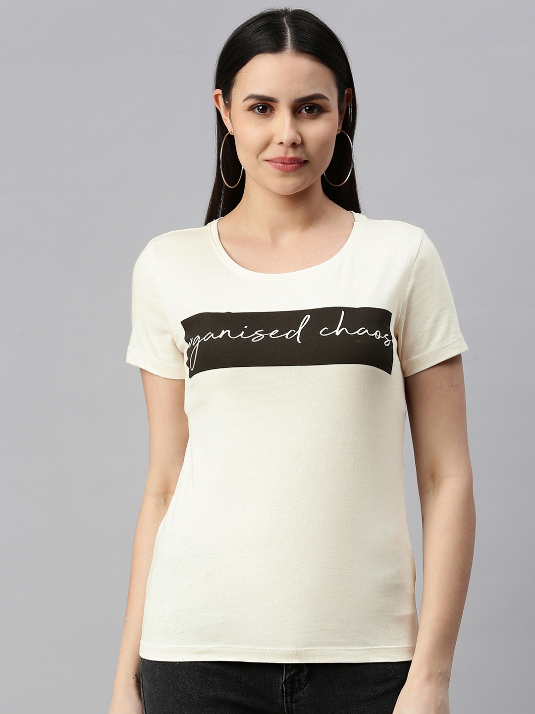

Huetrap Women Off White & Black Typography Printed T-shirt