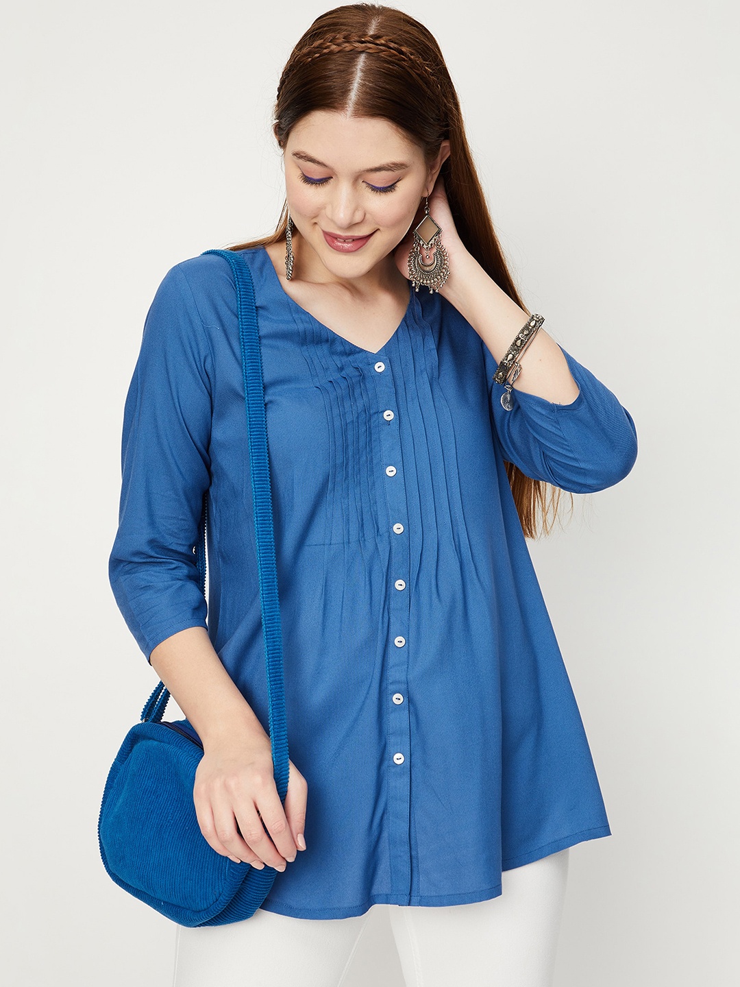 

max Regular V-Neck Pleated Shirt Style Top, Blue