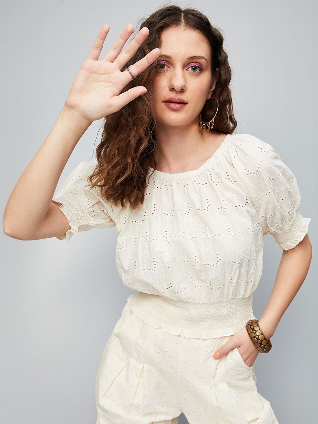 

max Self Design Schiffli Blouson Top, Off white