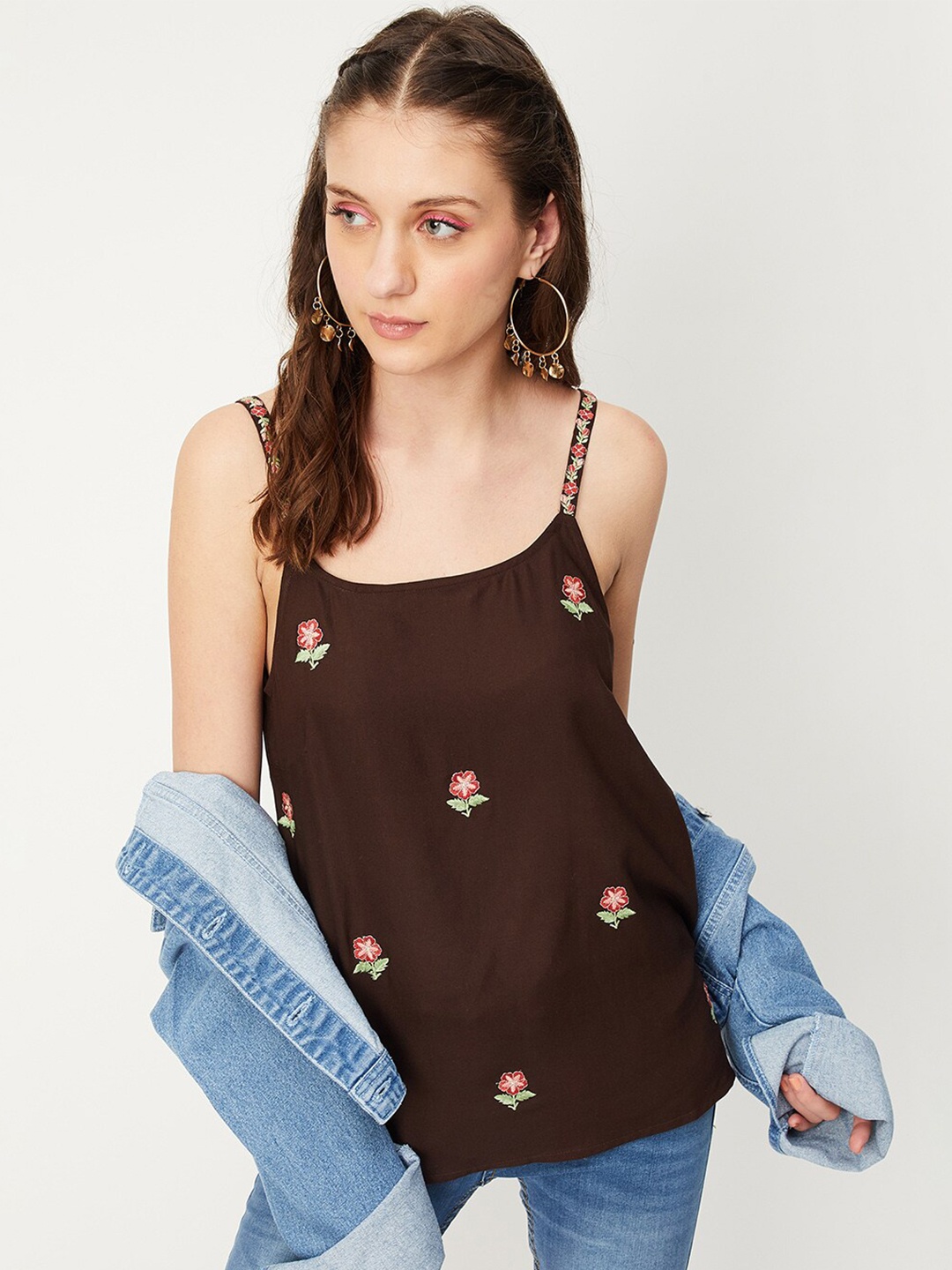 

max Shoulder Straps Floral Embroidered Top, Brown