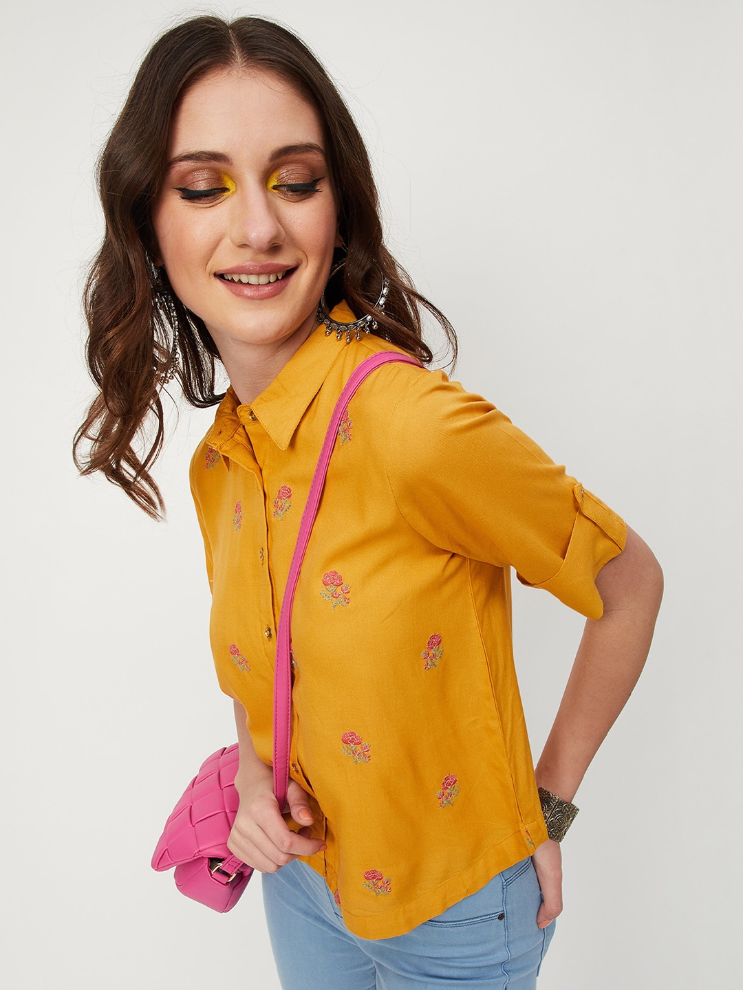 

max Floral Printed Roll-Up Sleeves Shirt Style Top, Mustard