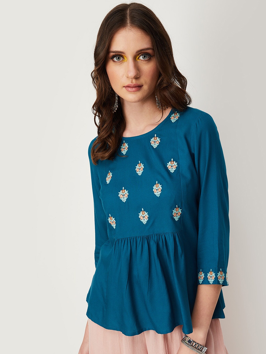 

max Embroidered Peplum Top, Blue