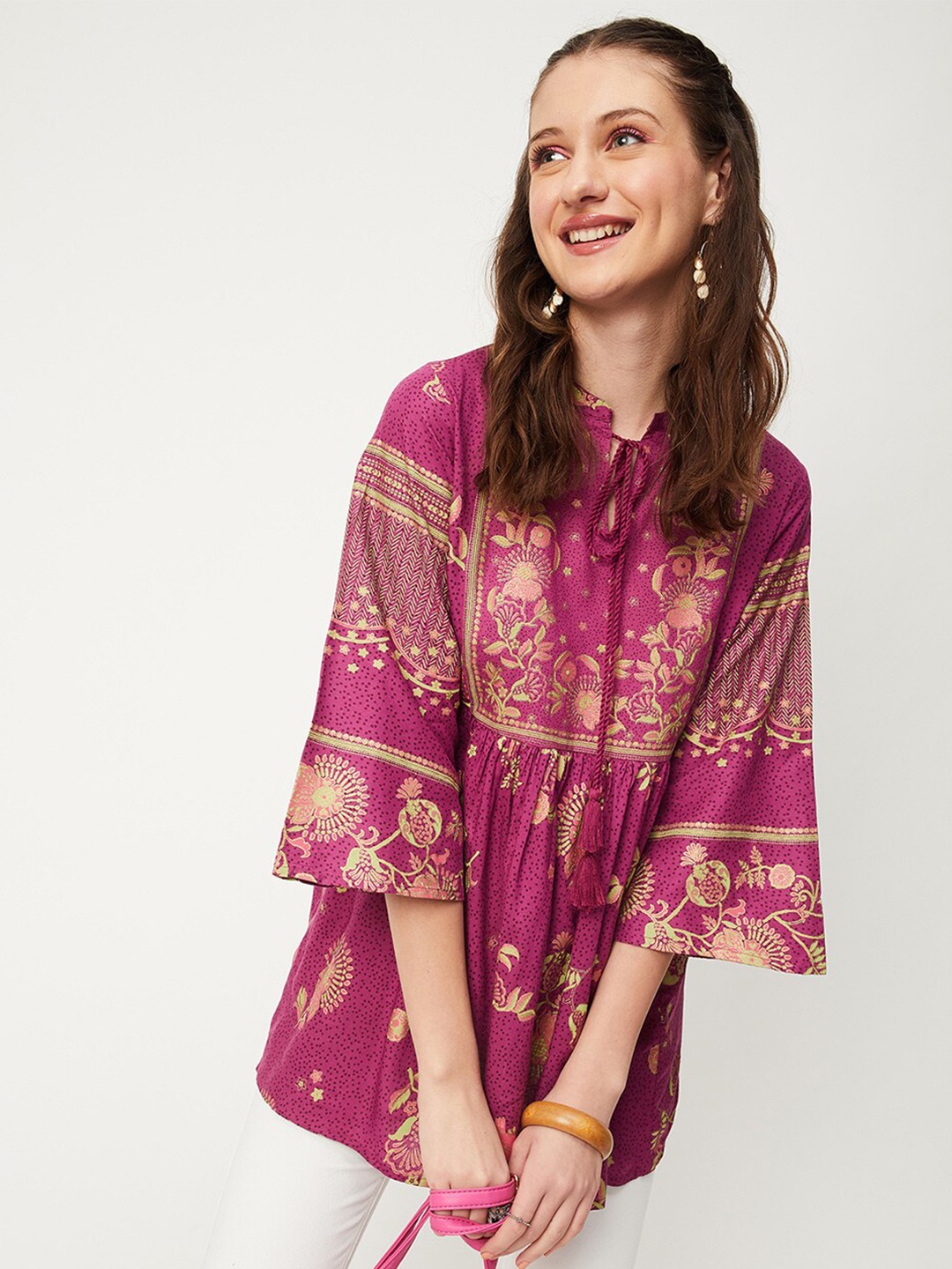 

max Floral Print Mandarin Collar Top, Magenta
