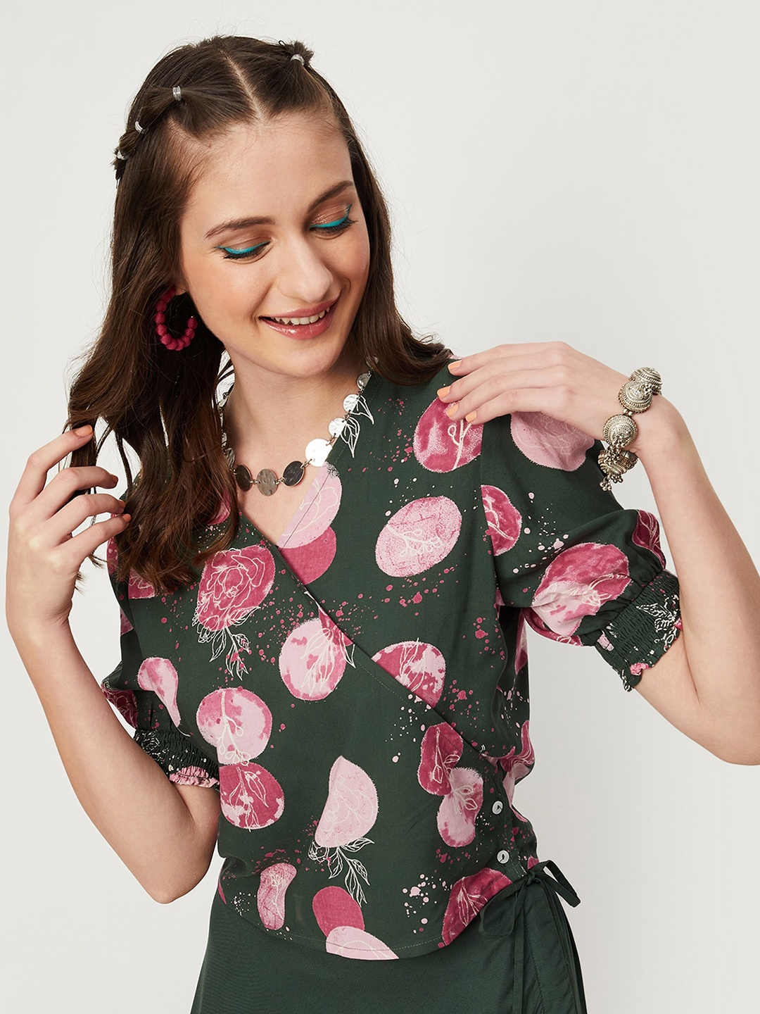 

max Floral Printed Puff Sleeves Wrap Top, Green