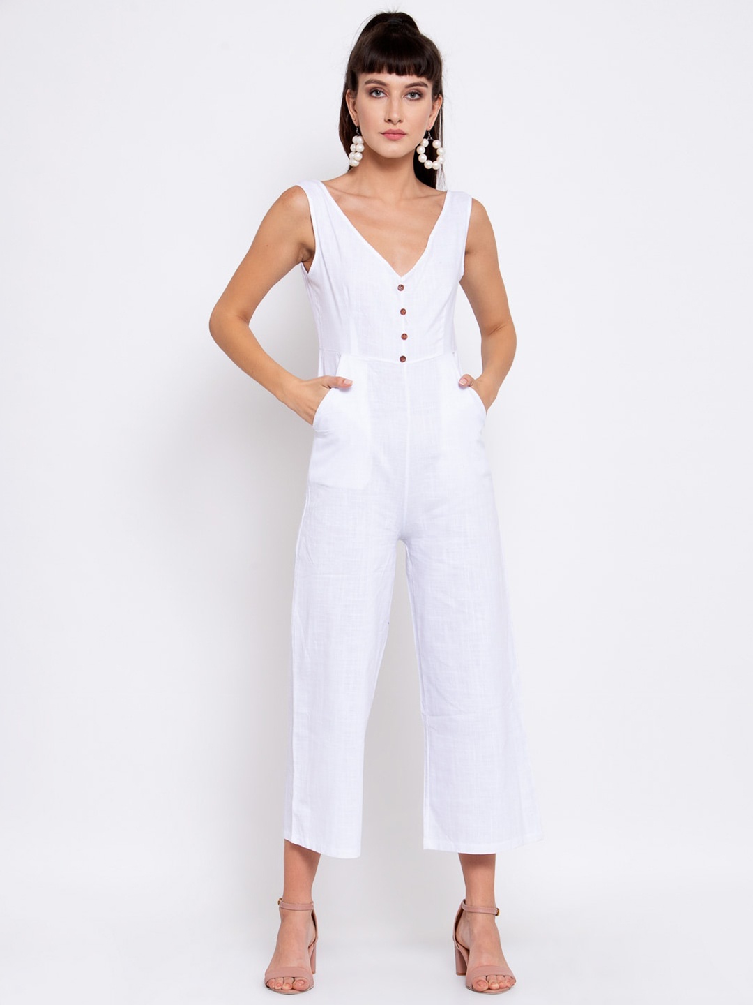 

iki chic Wide Leg Cotton Linen Basic Jumpsuit, White