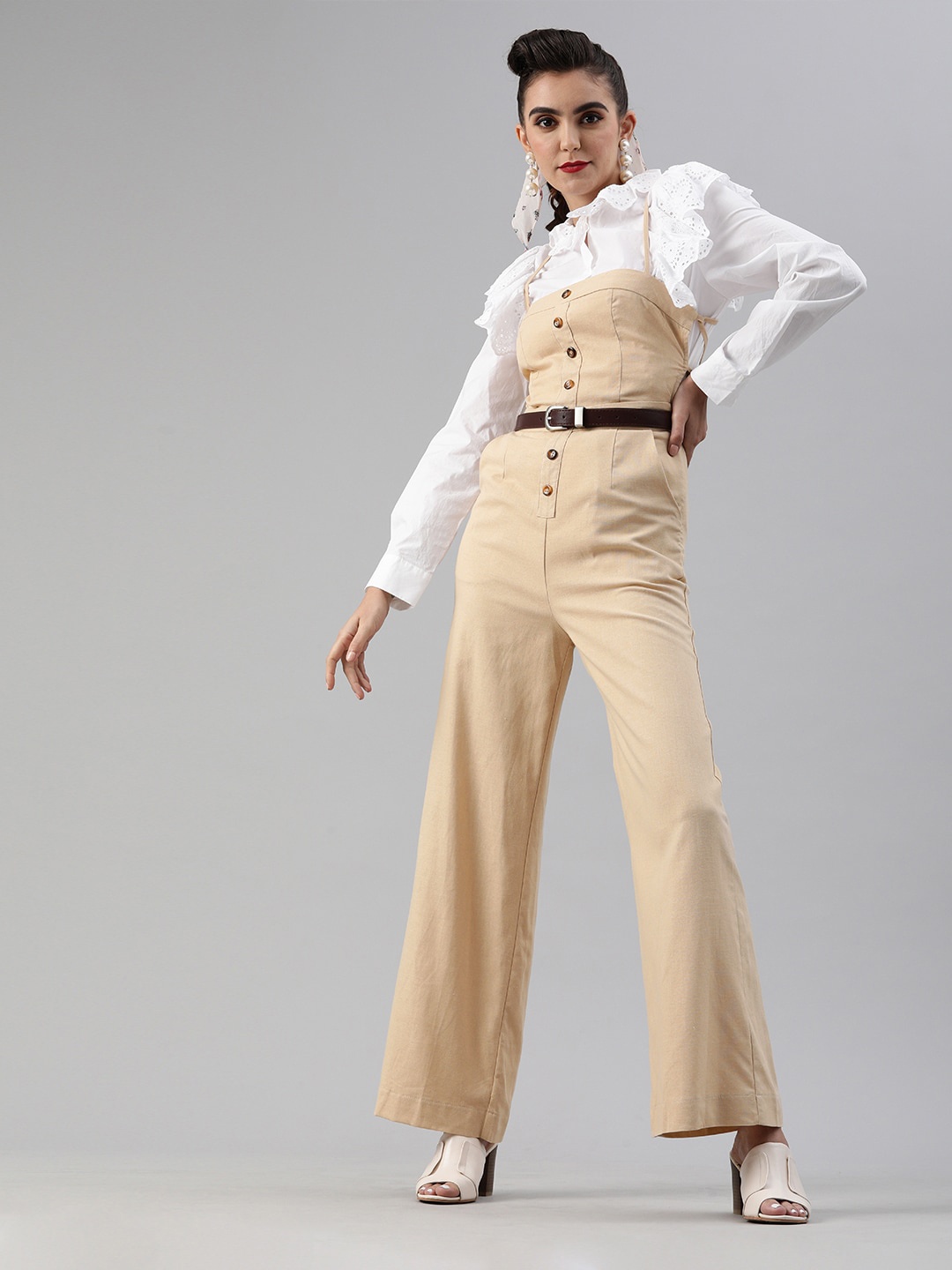 

iki chic Backless Criss Cross Cotton Linen Basic Jumpsuit, Khaki