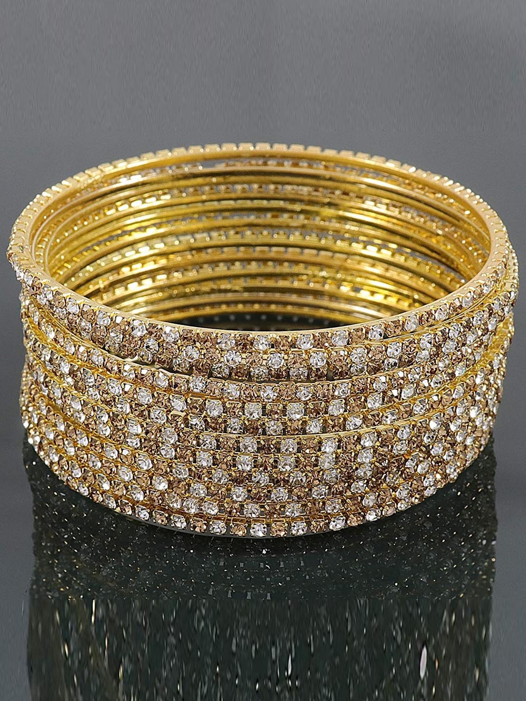 

NMII Set Of 12 Cubic Zirconia-Studded worked Glossy Finished Bangle Set, Gold