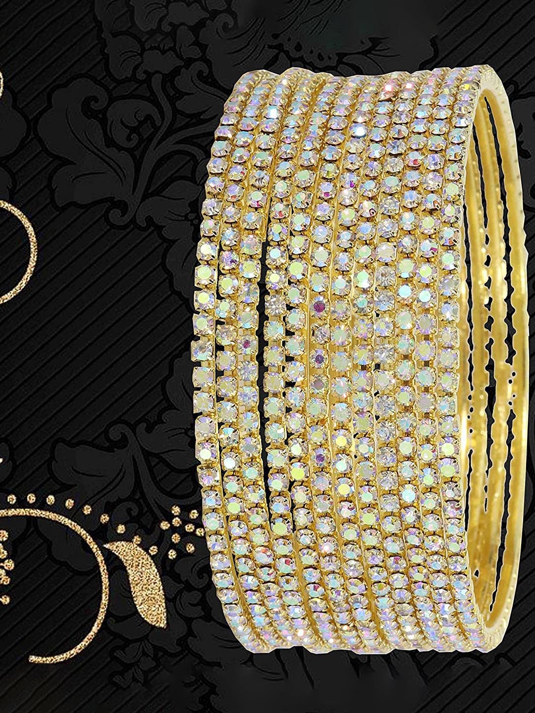 

NMII Set Of 12 Zircon Studded worked Glossy Finished Metal Bangles, Gold