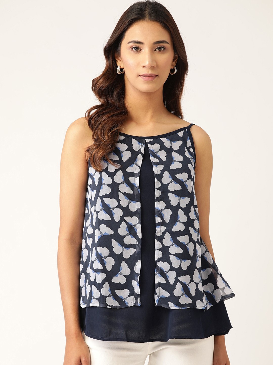

RIVI Conversational Printed Layered Bohemian Georgette Top, Navy blue