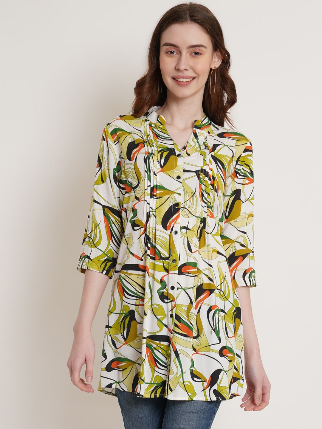 

Hive91 Floral Printed Band Collar A-line Tunic With Pintuck Details, White