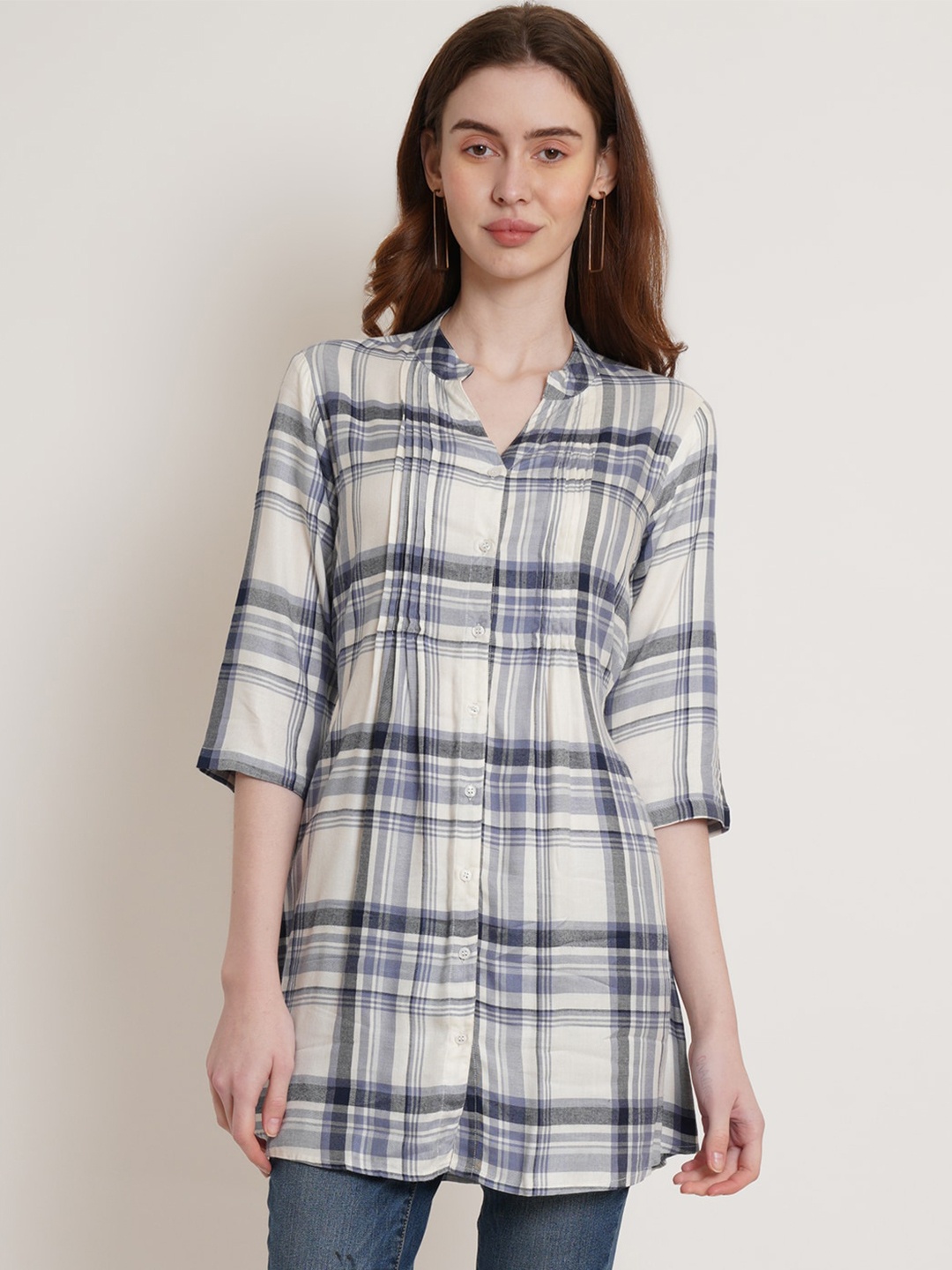 

Hive91 Checked Band Collar A-line Tunic With Pintuck Details, White