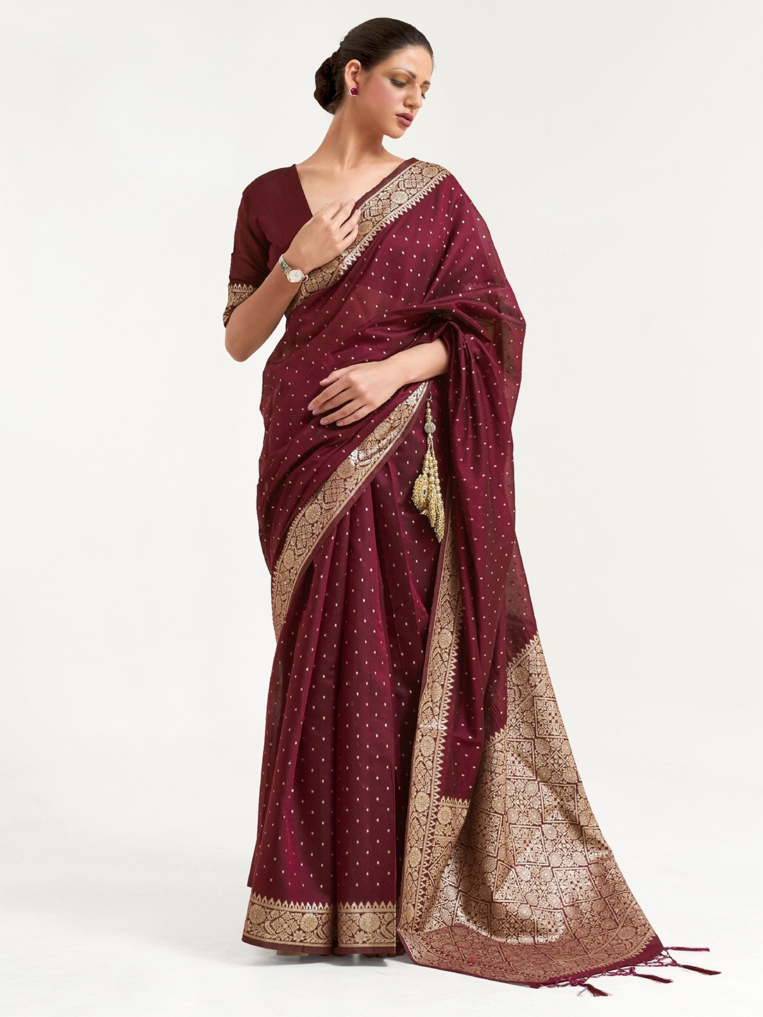 

Mitera Polka Dots Woven Design Zari Banarasi Saree, Maroon