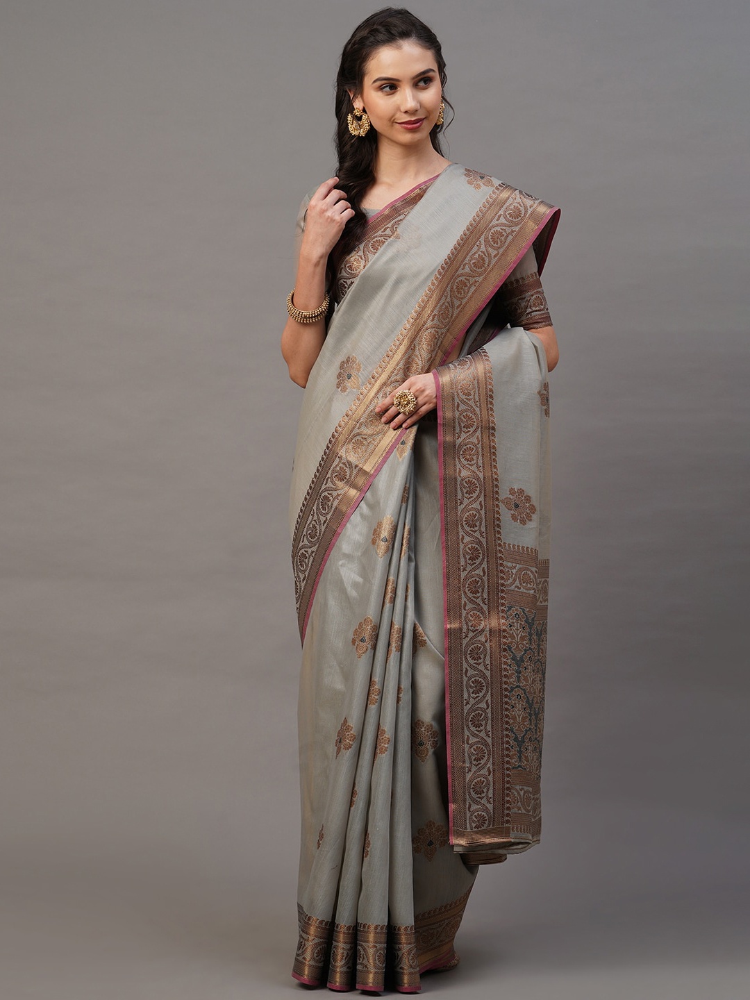 

Mitera Ethnic Motifs Woven Design Zari Banarasi Saree, Grey