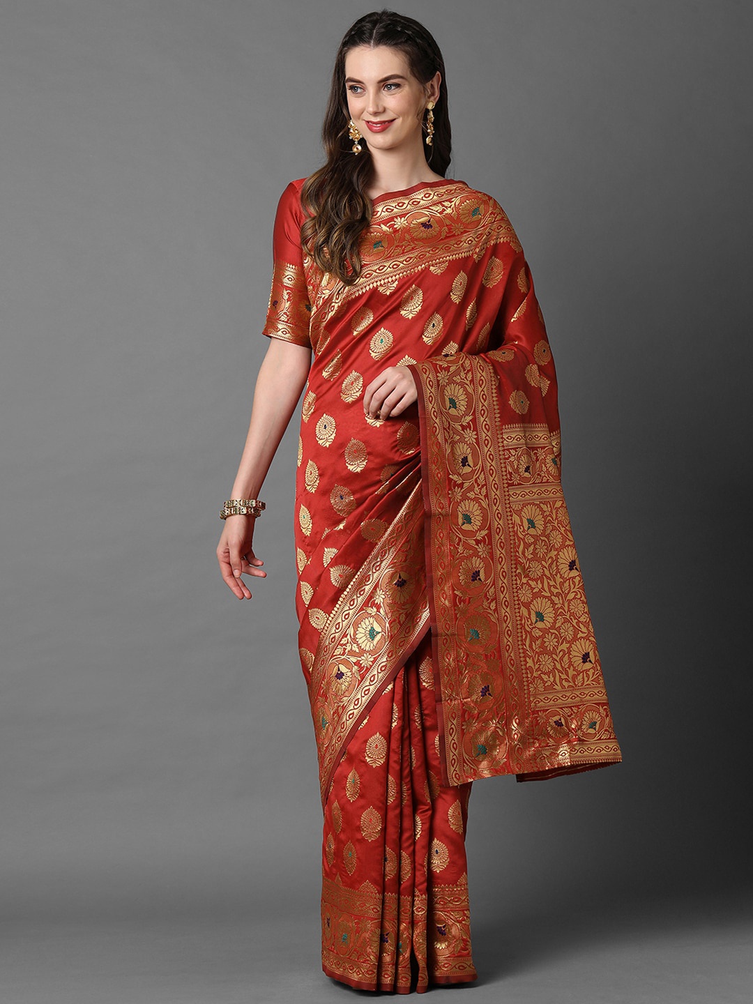 

Mitera Ethnic Motifs Woven Design Zari Banarasi Saree, Red