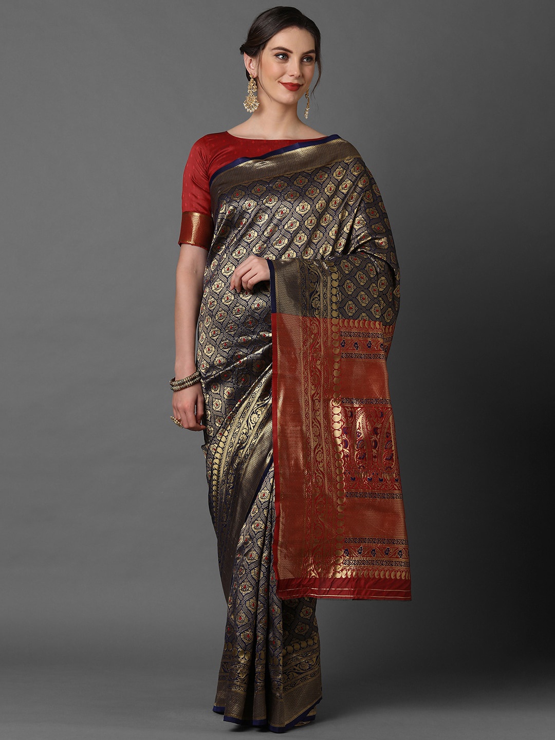 

Mitera Woven Ethnic Woven Design Zari Banarasi Saree, Navy blue