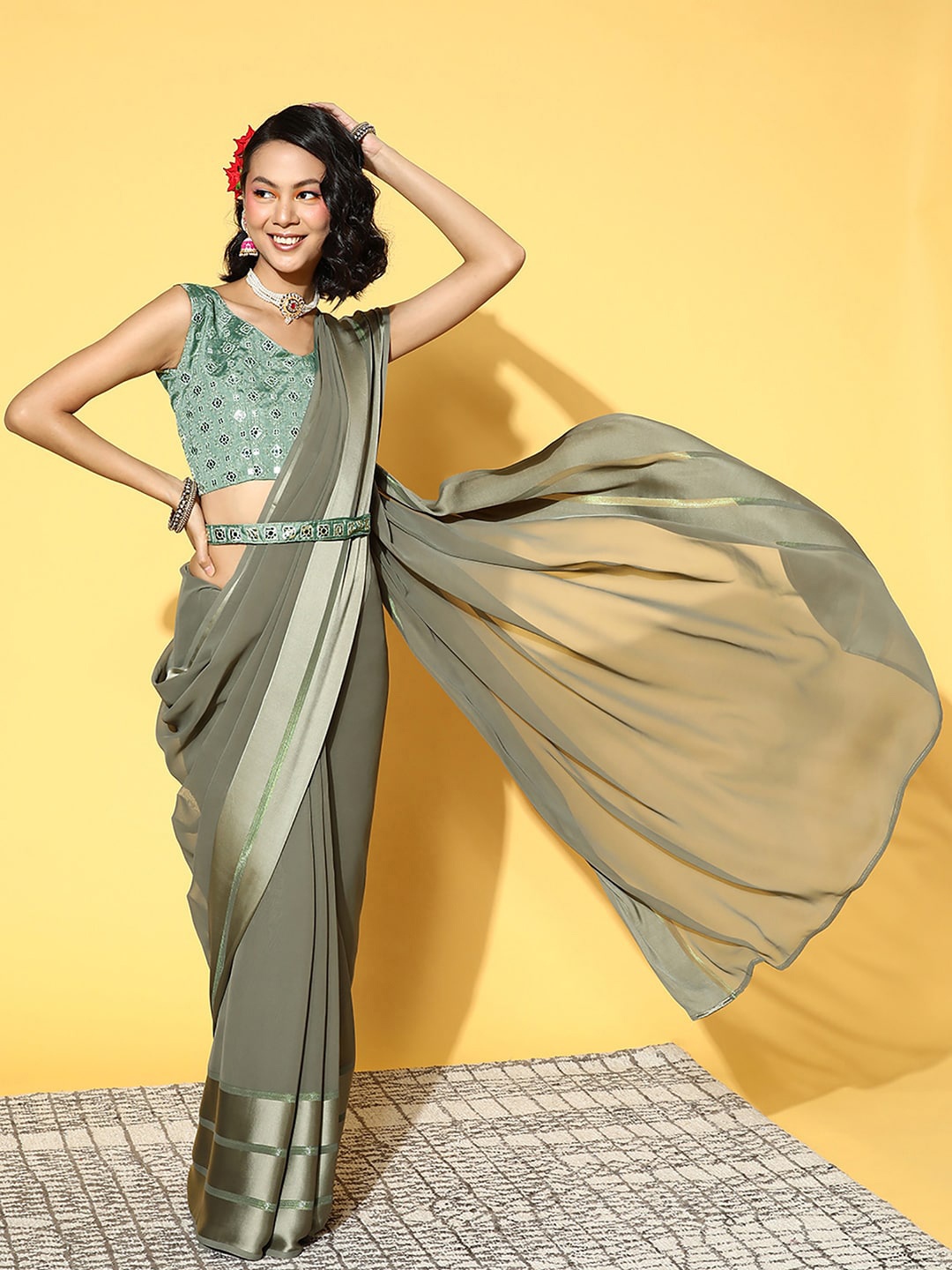

Mitera Embellished Blouse Zari Saree, Olive