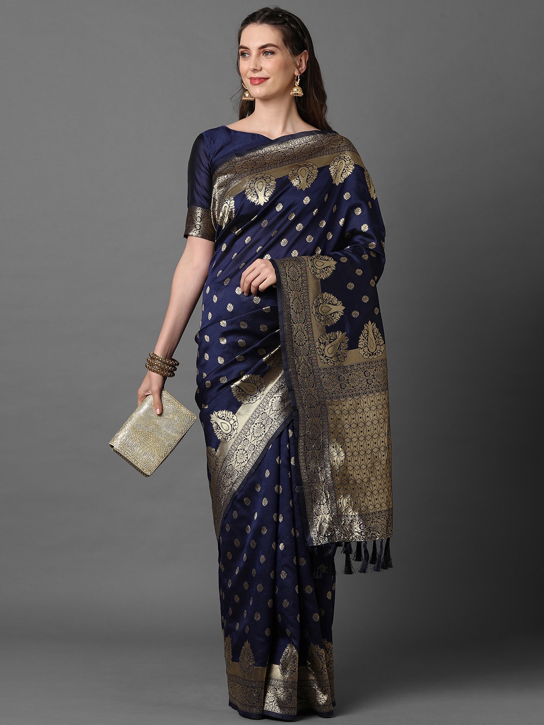 

Mitera Ethinic Motif Woven Design Zari Banarasi Saree, Navy blue