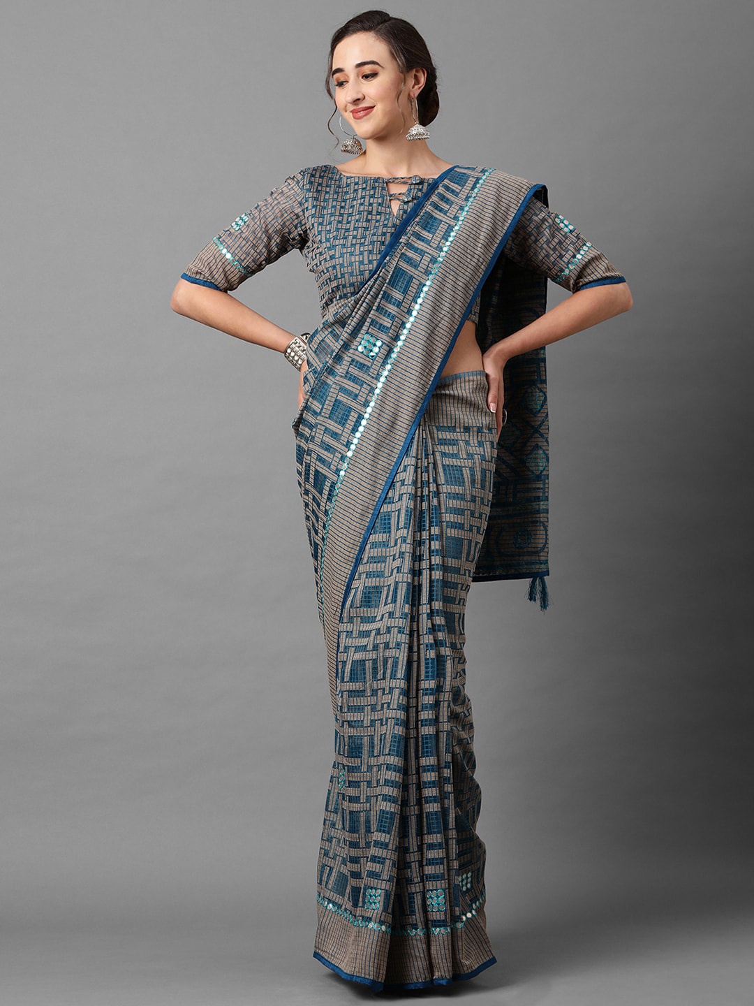 

Mitera Woven Design Mirror Work Brasso Saree, Blue