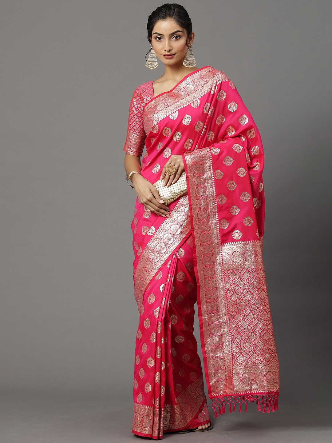 

Mitera Ethnic Motifs Woven Design Zari Banarasi Saree, Pink