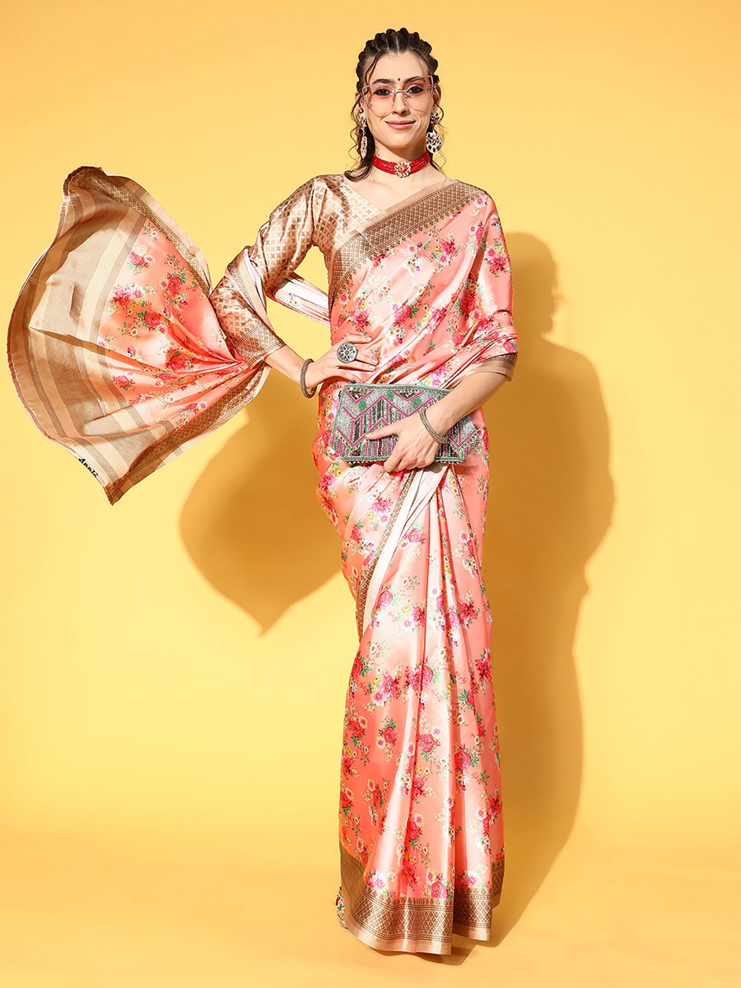 

Mitera Floral Printed Zari Satin Saree, Peach