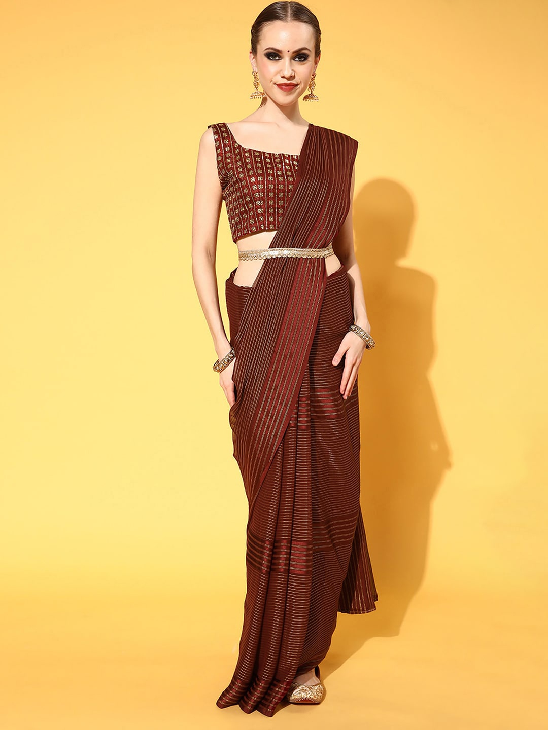 

Mitera Striped Georgette Saree, Coffee brown