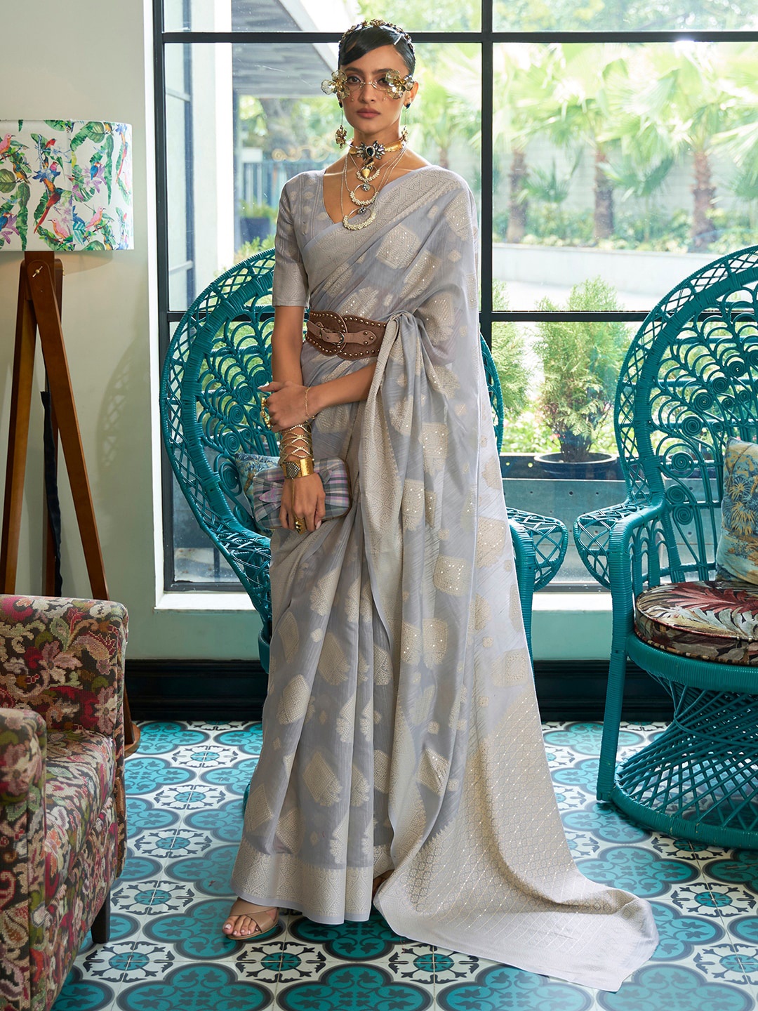 

Mitera Chikankari Ethnic Motif Woven Design Muga Saree, Grey