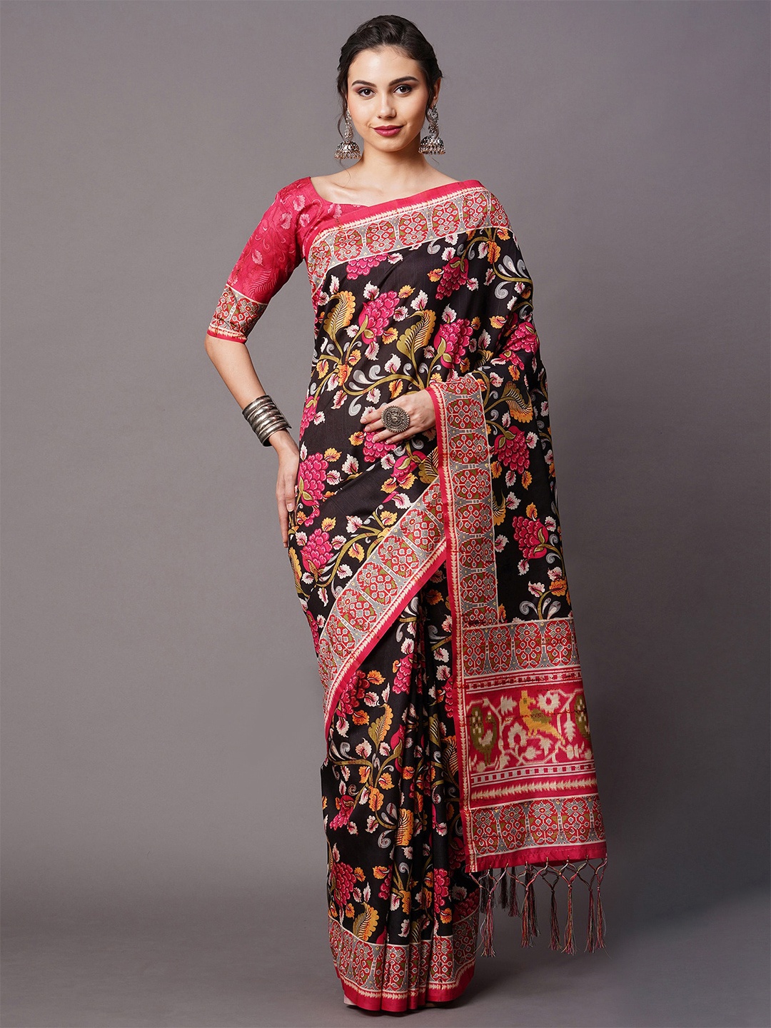 

Mitera Floral Printed Bhagalpuri Saree, Black